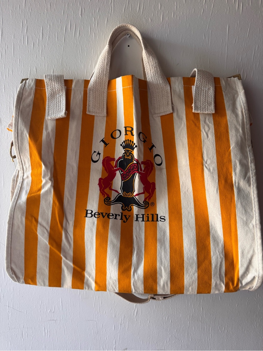 This vintage 1980s Giorgio Beverly Hills striped canvas tote bag